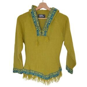 Y2K Chartreuse Alpaca Hooded Fringe Sweater Size X Small